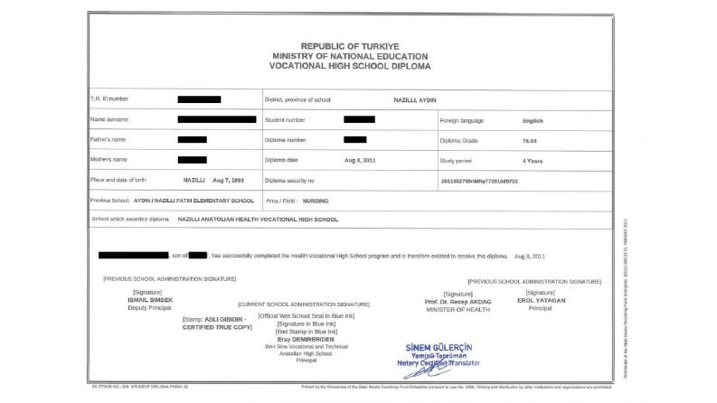 TR-EN Lise Diploma Çevirisi