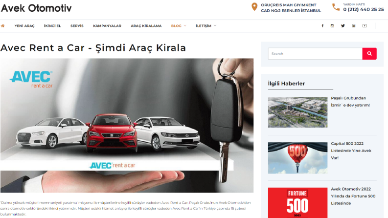  Avek Otomotiv Kurumsal Blog ve Tanıtım Sitesi Çalışmamız