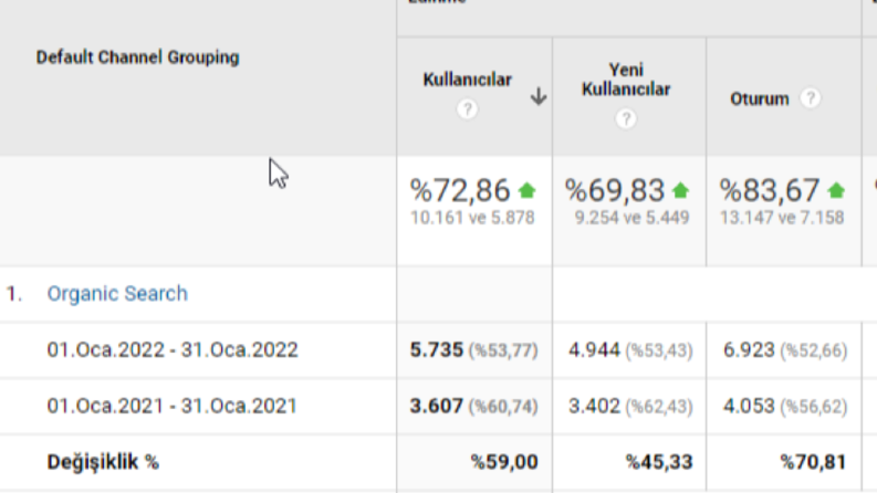 Geçen sene aynı aya göre %72 organik trafik artışı