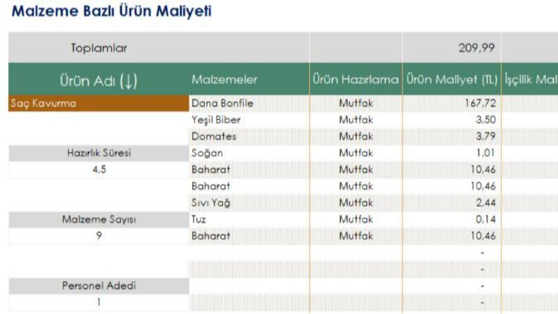 Dinamik Ürün ve Malzeme Bazlı Maliyet Analiz Raporu