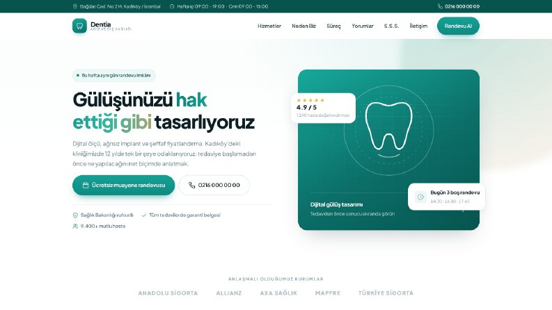 Dentia Diş Kliniği – Randevu Odaklı Landing Page (Konsept)