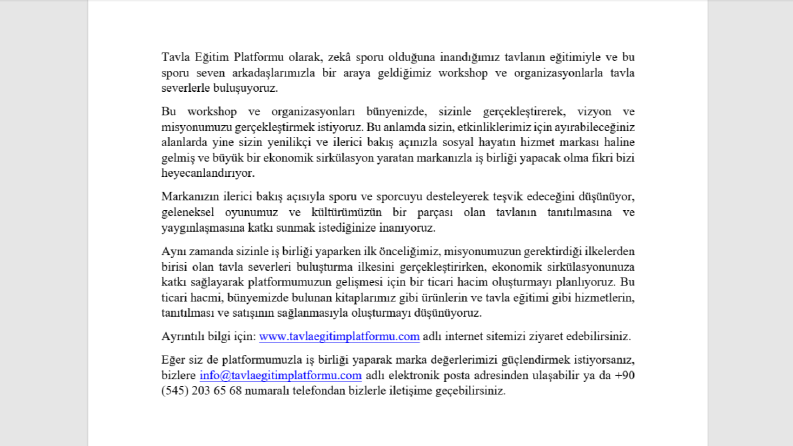 Tavla Eğitim Platformu İçin İş Teklifi Yazısı