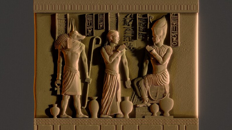 3D Antik Mısır Rölyefi: Firavun ve Anubis