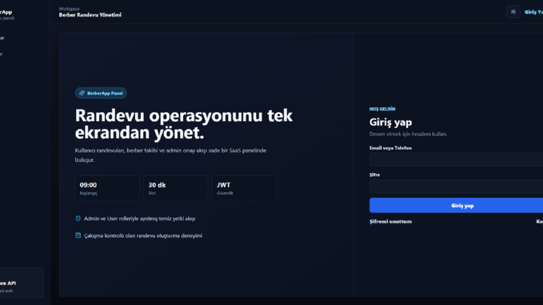 Kendi geliştirmiş olduğum BerberApp Randevu Sitesi