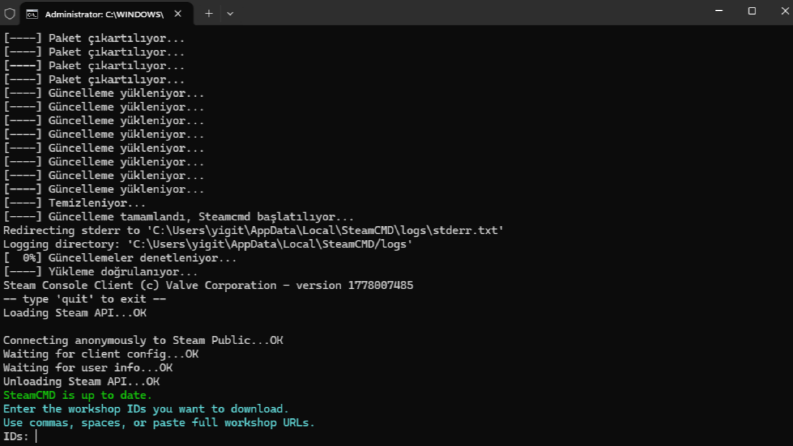 SteamCMD entegreli downloader.