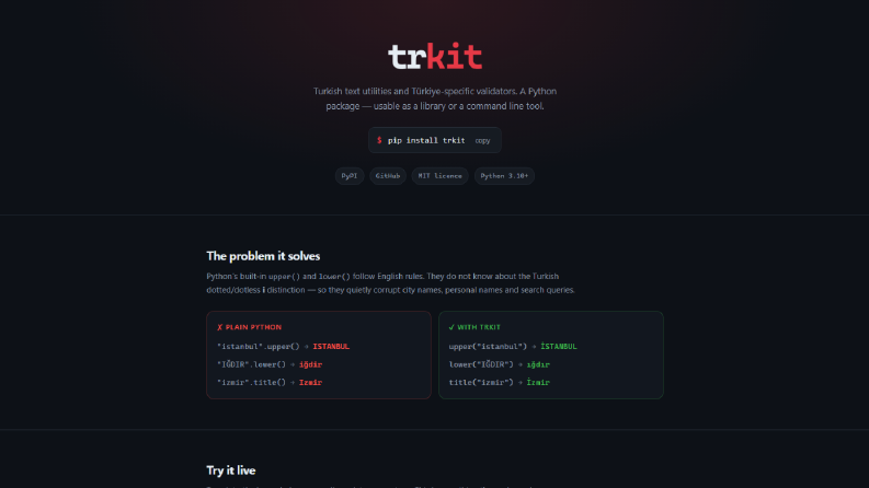 trkit — Türkçe metin ve doğrulama Python paketi