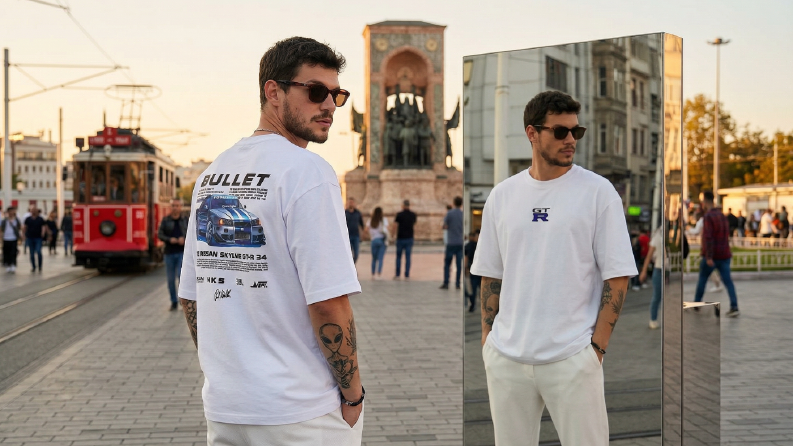 T-Shirt için modele giydirilmiş reklam görseli
