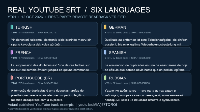 YouTube'da Doğrulanmış 6 Dilde SRT Altyazı Örneği