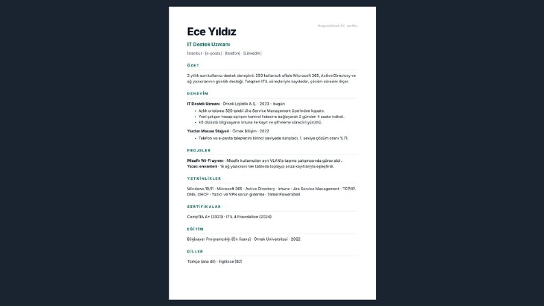 IT Destek Uzmanı için ATS uyumlu örnek CV