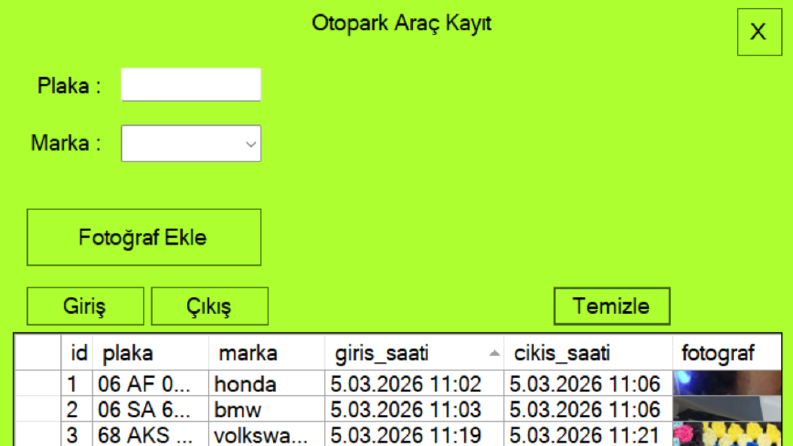 Plaka ve Görsel Kayıtlı Masaüstü Otopark Otomasyonu
