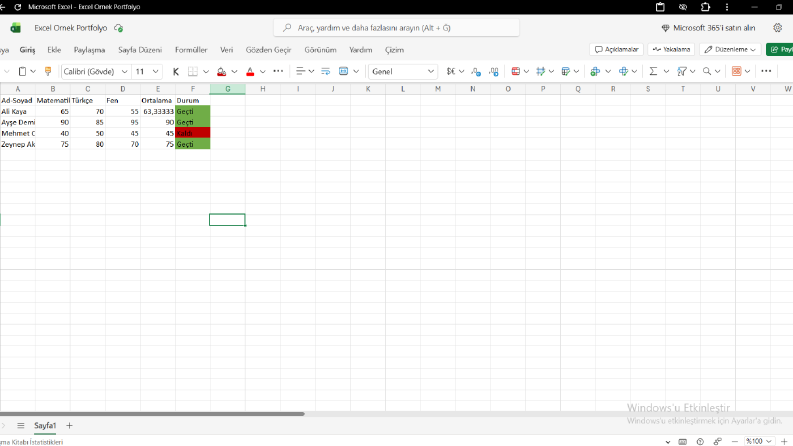 Öğrenci Not Ortalaması Excel Tablosu