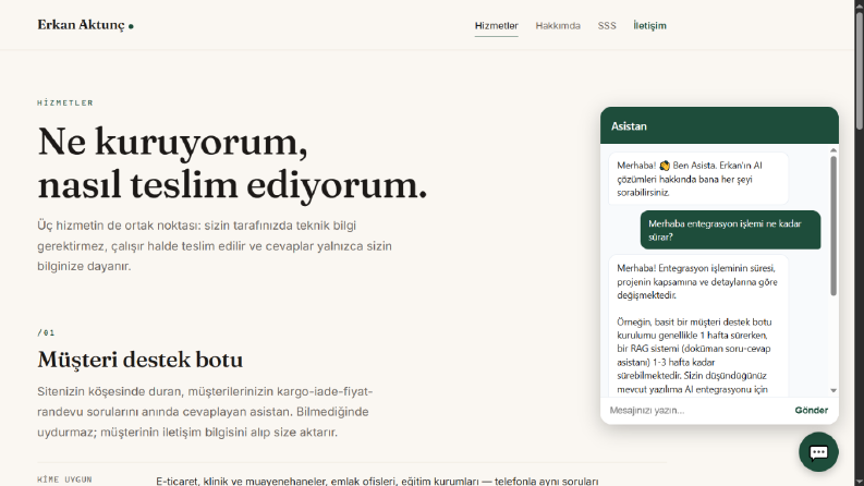 Yapay zekâ destek botlu tanıtım sitesi