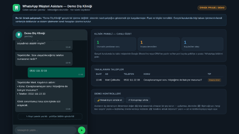 WhatsApp Müşteri Asistanı — Demo Diş Kliniği (örnek proje)