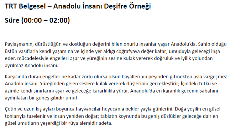 TRT Belgesel Deşifre Örneği - Anadolu İnsanı