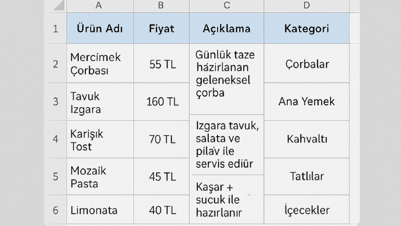 E-Ticaret Ürün Giriş tablosu örneği