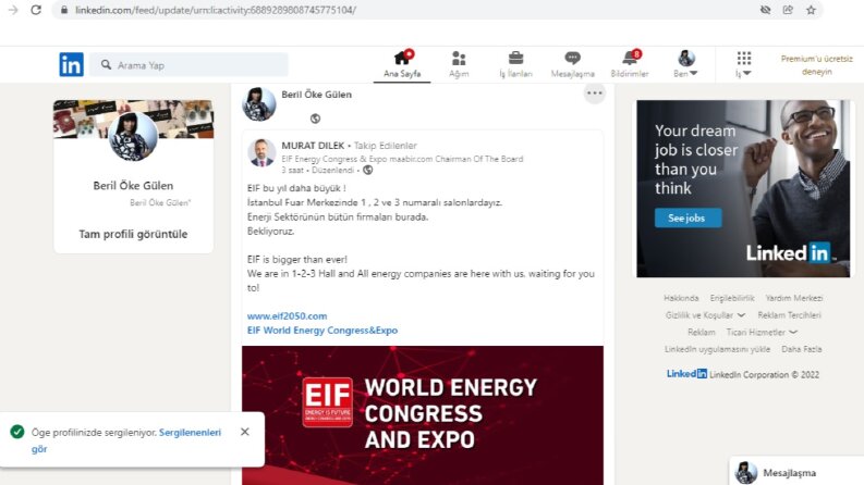 EIF Enerji Kongresi ve Fuarı'nın, Linkedin'de Paylaşımı