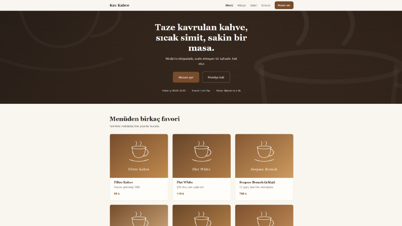 Kav Kahve — kafe için tek sayfa tanıtım sitesi