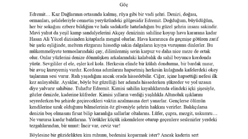 "Göç" Başlıklı Edremit Hakkında Yazı