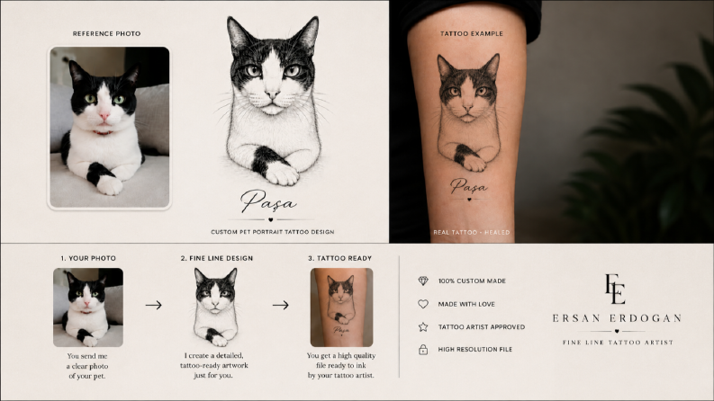 🐾 Evcil Hayvan Portresinden Fine Line Dövme Tasarımı (Paşa)