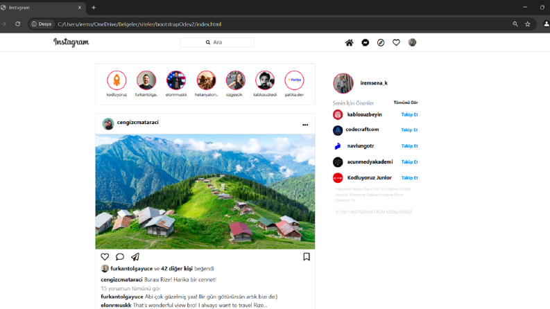 Instagram Arayüz Tasarımı (HTML, CSS & JS)