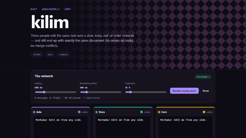 kilim — Rust + WebAssembly ortak metin düzenleme (CRDT)