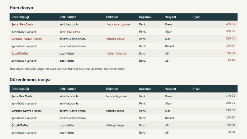 Shopify ürün CSV düzenleme: ham ve düzeltilmiş örnek
