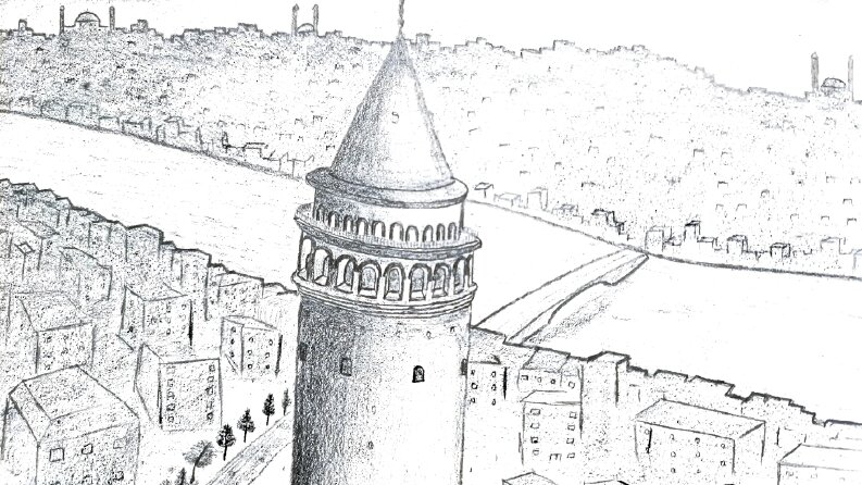 galata kulesi karakalem illüstrasyonu