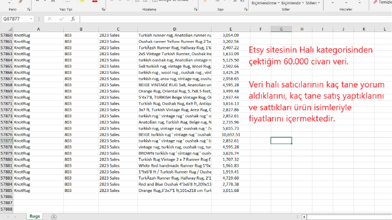 Etsy Sitesinden Halı satıcılarına ait 60.000 veri çektim