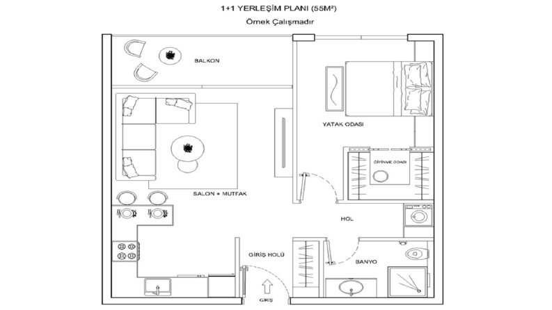 1+1 Daire Kat Planı Tasarımı / Giyinme Odası Modern Çözüm